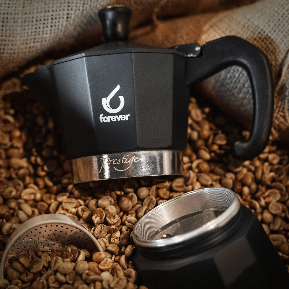 Moka Prestige Noblesse - Mokkakanne - Schwarz und Aluminium 6 Tassen Mokkakanne Forever - Rheinland.Coffee