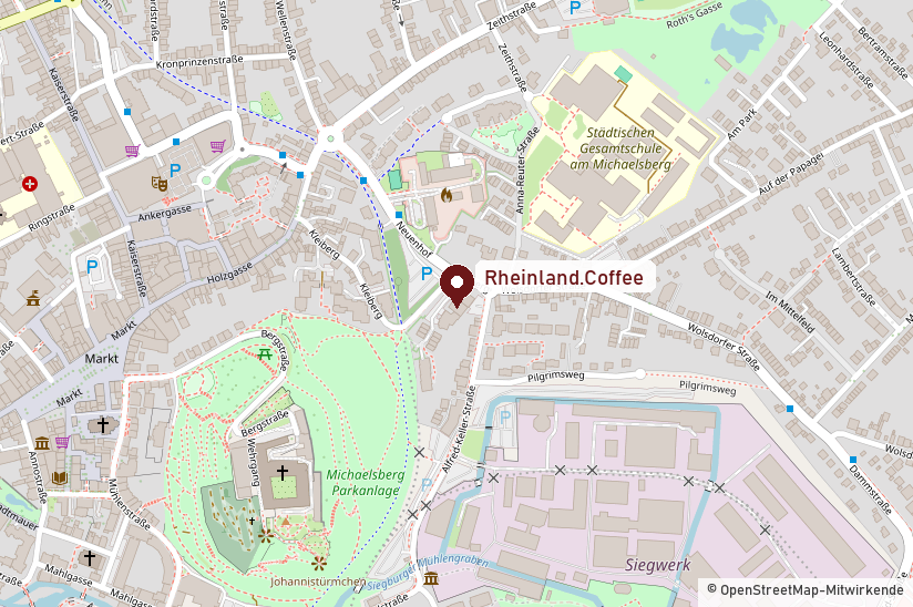 Karte: Rheinland.Coffee Showroom und Academy am Kleiberg 23 in Siegburg, nahe Neuenhof und Michaelsberg