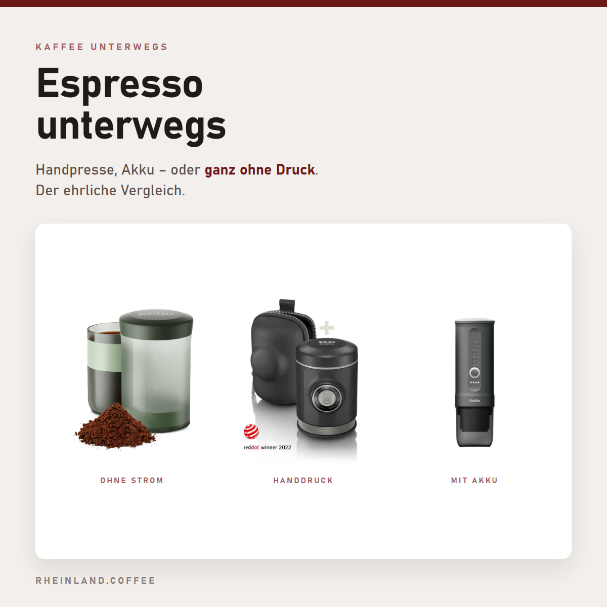 Espresso unterwegs – Wacaco Prestina ohne Strom, Wacaco Picopresso mit Handdruck und OutIn Nano mit Akku im Vergleich
