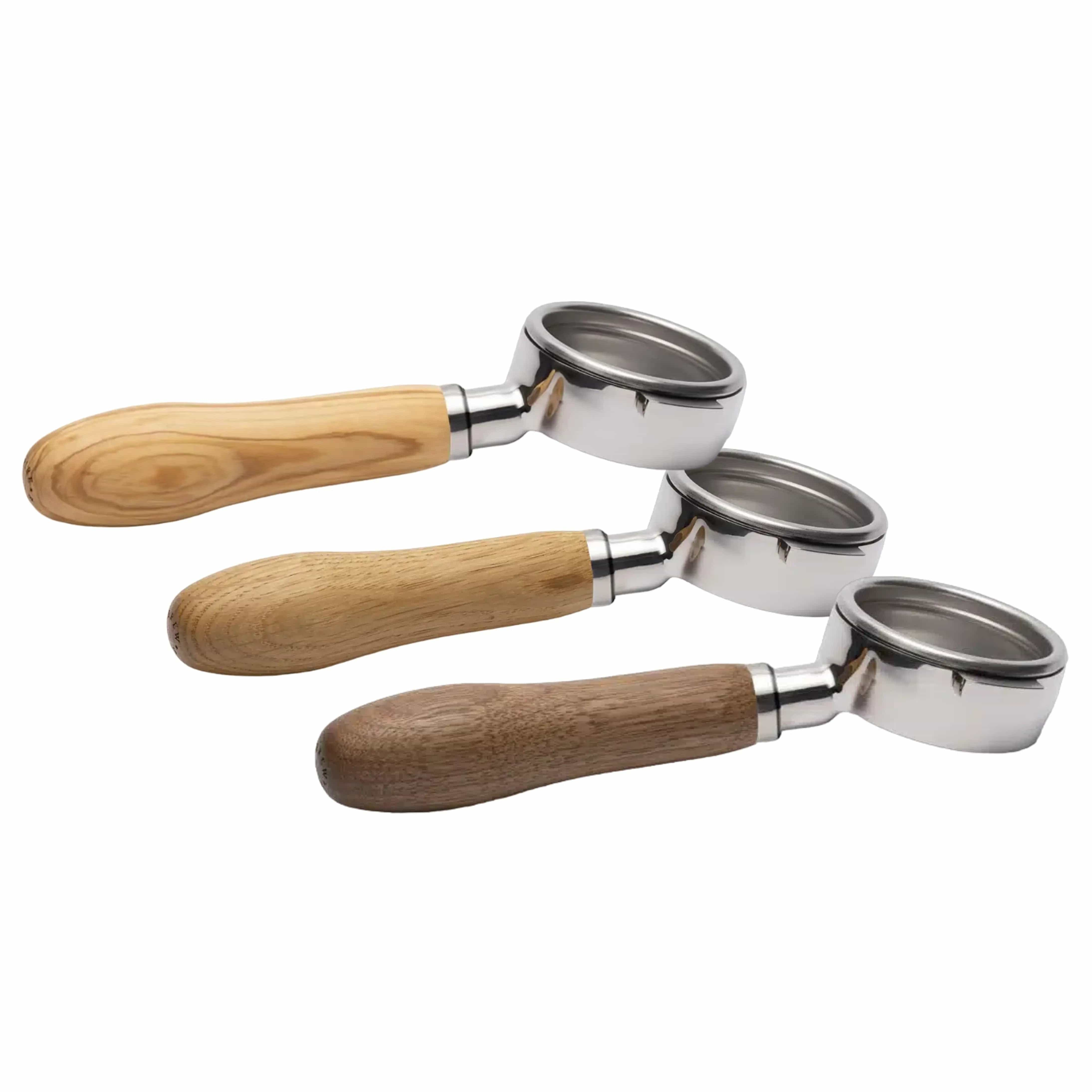 Bodenloser Siebträger aus Edelstahl mit Holzgriff für E61-Espressomaschinen
