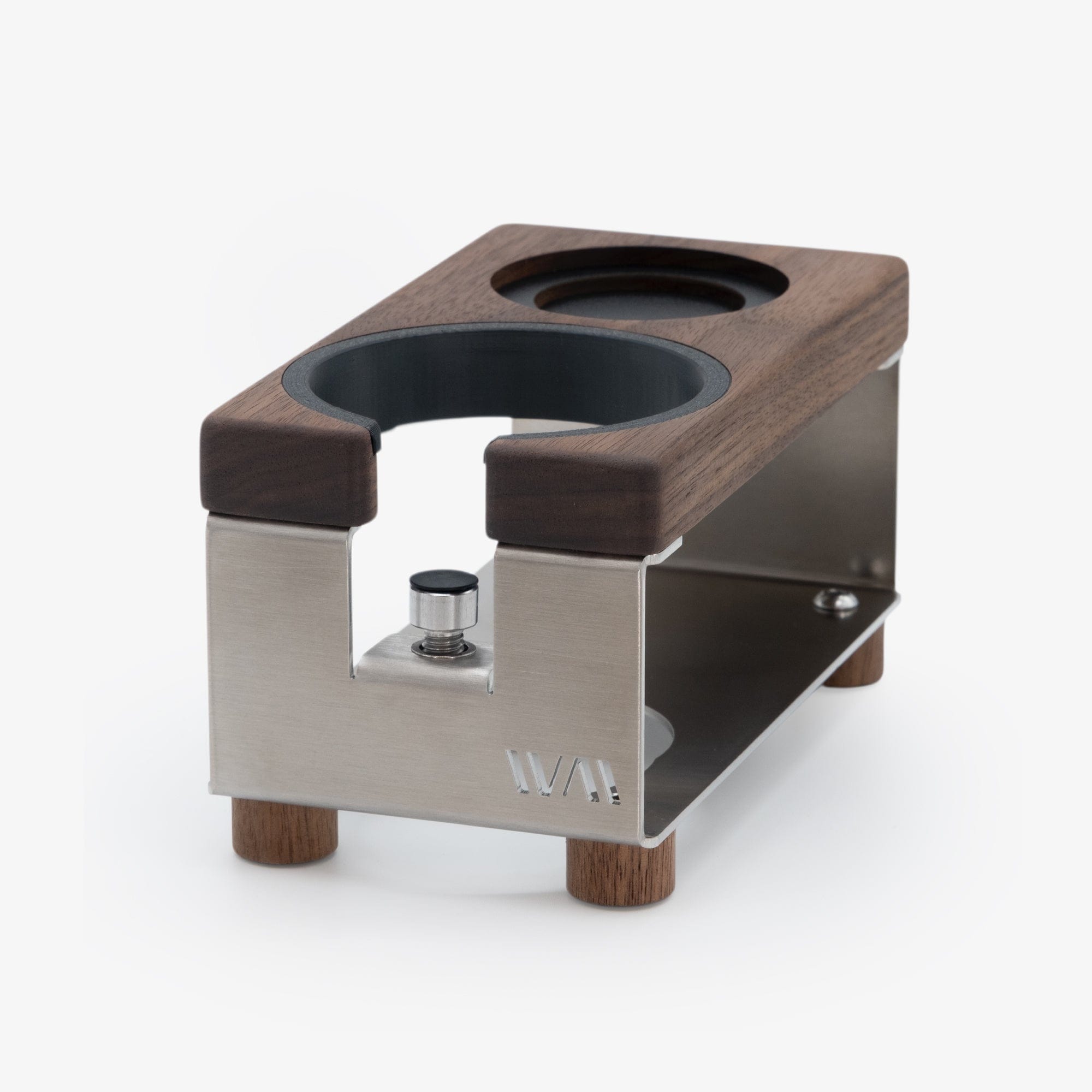 Tamperstation LANG von Wiedemann mit Ring und Tamper-Stand Wiedemann Manufaktur Tamper Station Edelstahl Nussbaum Rheinland Coffee