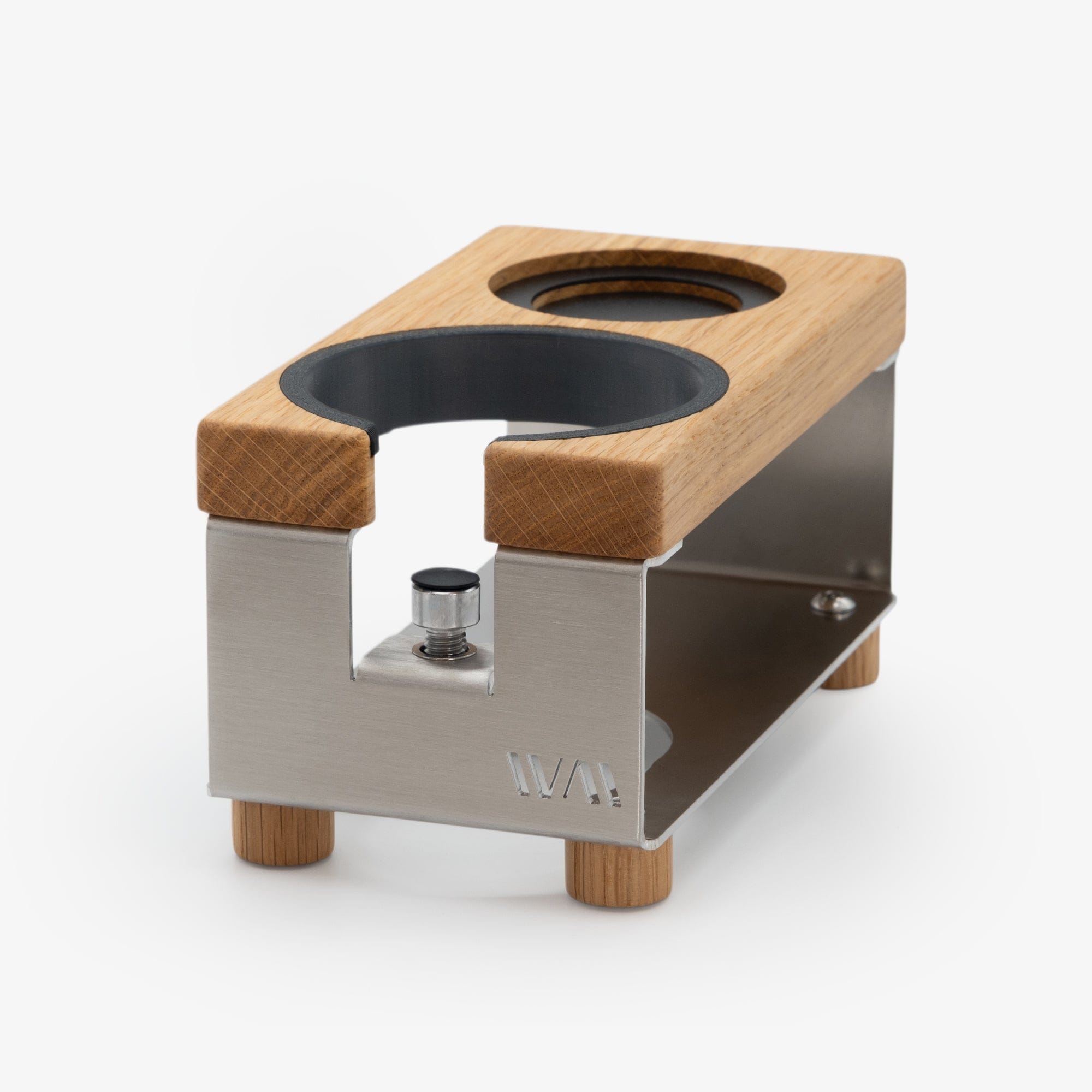 Tamperstation LANG von Wiedemann mit Ring und Tamper-Stand Wiedemann Manufaktur Tamper Station Edelstahl Eiche Rheinland Coffee