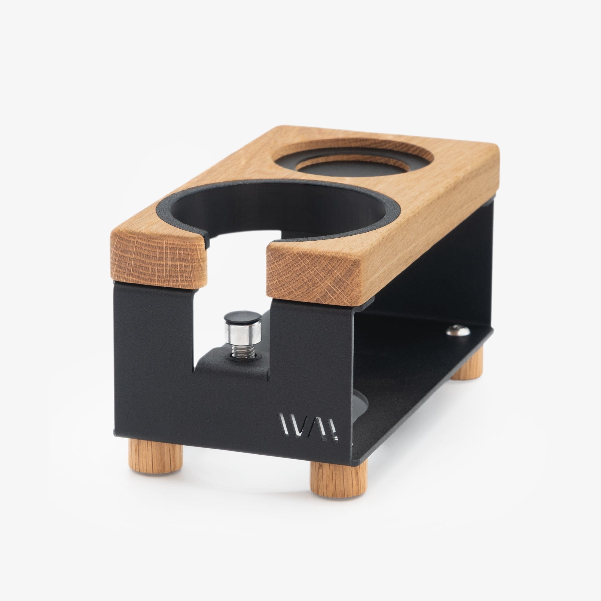 Tamperstation LANG von Wiedemann mit Ring und Tamper-Stand Wiedemann Manufaktur Tamper Station Schwarz Eiche Rheinland Coffee