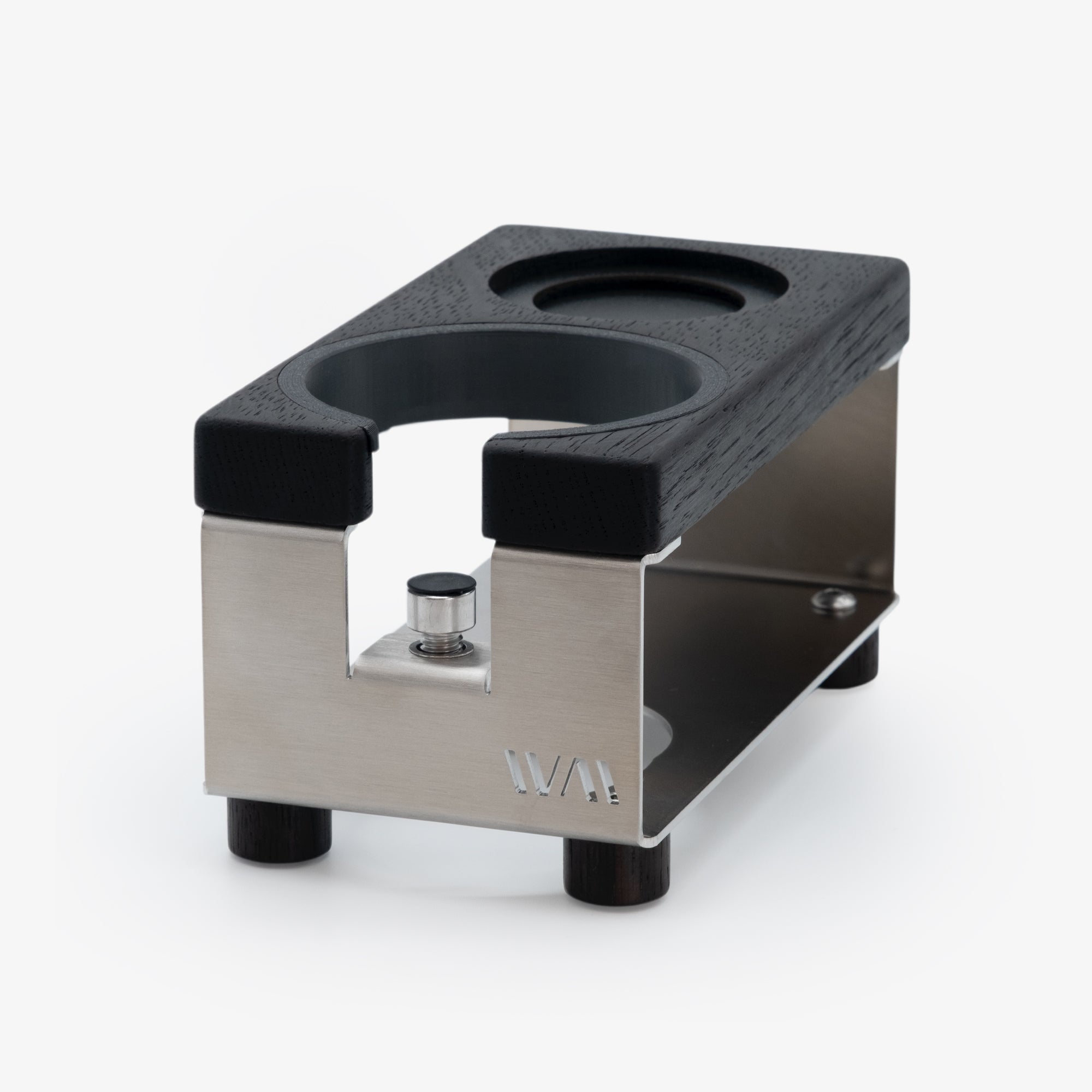 Tamperstation LANG von Wiedemann mit Ring und Tamper-Stand Tamper Station Wiedemann Manufaktur Edelstahl Räuchereiche - Rheinland.Coffee