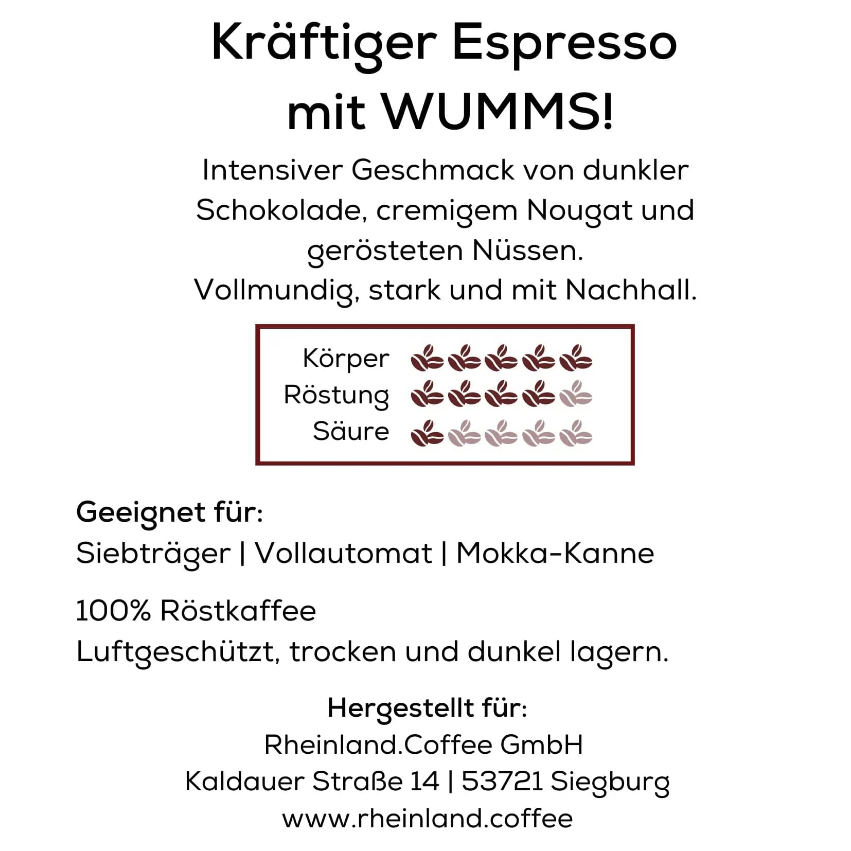 WUMMS - Espressobohnen dunkle Schokolade, Nougat und Nüsse Kaffee Rheinland.Coffee - Rheinland.Coffee