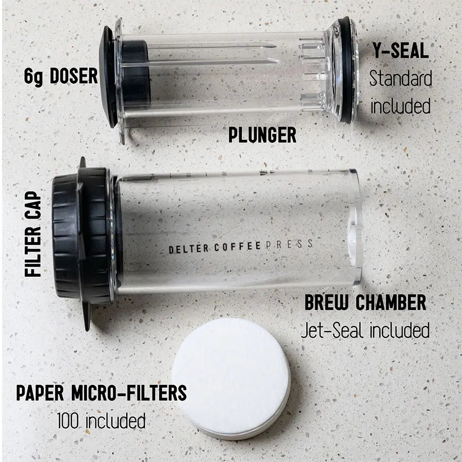 Delter Coffee Press – Volle Geschmackskontrolle in Clear & Grey Limited Edition Delter Coffee Kaffee mobil Rheinland Coffee