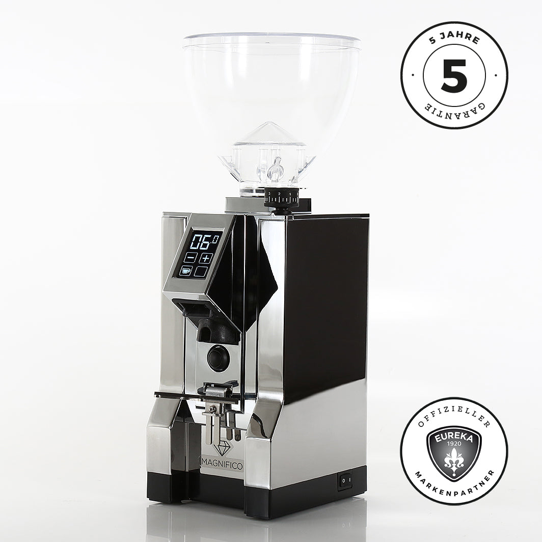 Eureka Mignon MAGNIFICO - Sondermodell Neuer Hopper und Funnel Kaffeemühlen Eureka Chrom / Inox Auswurf Chrom 16 CR - Rheinland.Coffee