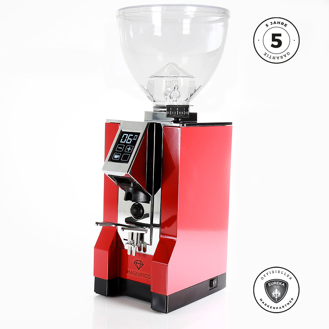 Eureka Mignon MAGNIFICO - Sondermodell Neuer Hopper und Funnel Kaffeemühlen Eureka Rot Auswurf Chrom 16 CR - Rheinland.Coffee