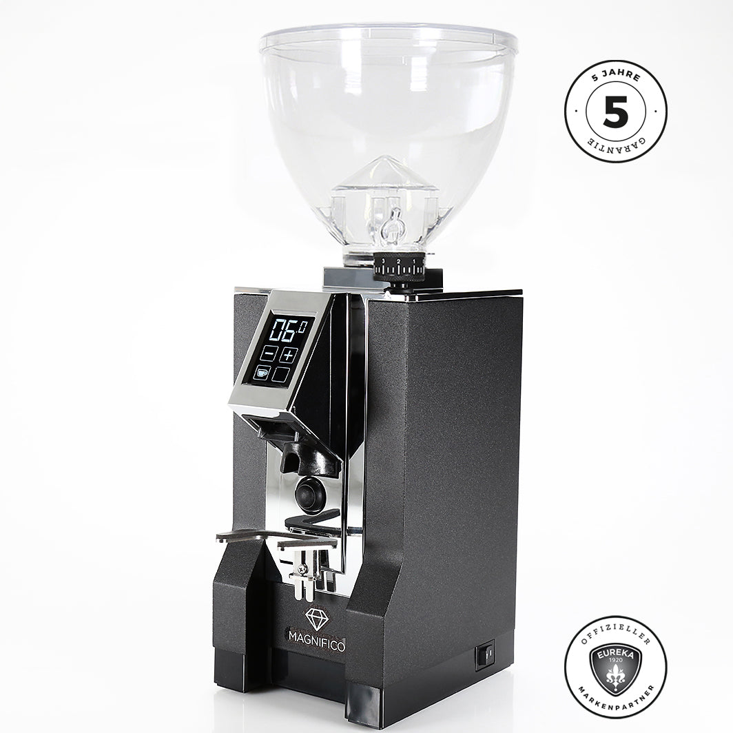 Eureka Mignon MAGNIFICO - Sondermodell Neuer Hopper und Funnel Kaffeemühlen Eureka Schwarz Textur Auswurf Chrom 16 CR - Rheinland.Coffee