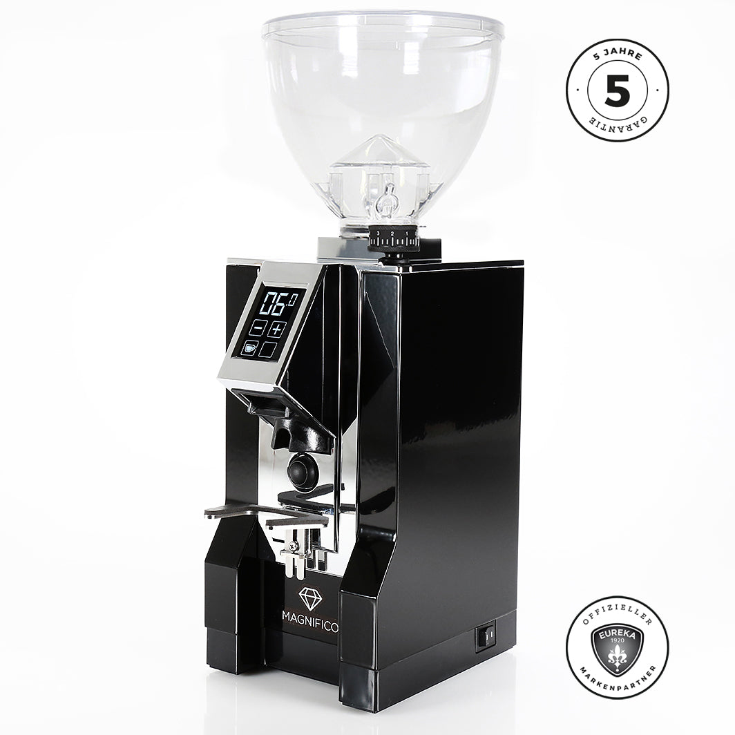 Eureka Mignon MAGNIFICO 2024 - Neuer Hopper und Funnel Kaffeemühlen Eureka Schwarz Glänzend Auswurf Chrom 16 CR  - Rheinland.Coffee