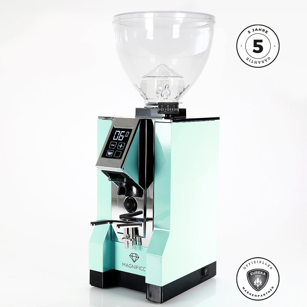 Eureka Mignon MAGNIFICO 2024 - Neuer Hopper und Funnel Kaffeemühlen Eureka Tiffany Blue Auswurf Chrom 16 CR  - Rheinland.Coffee