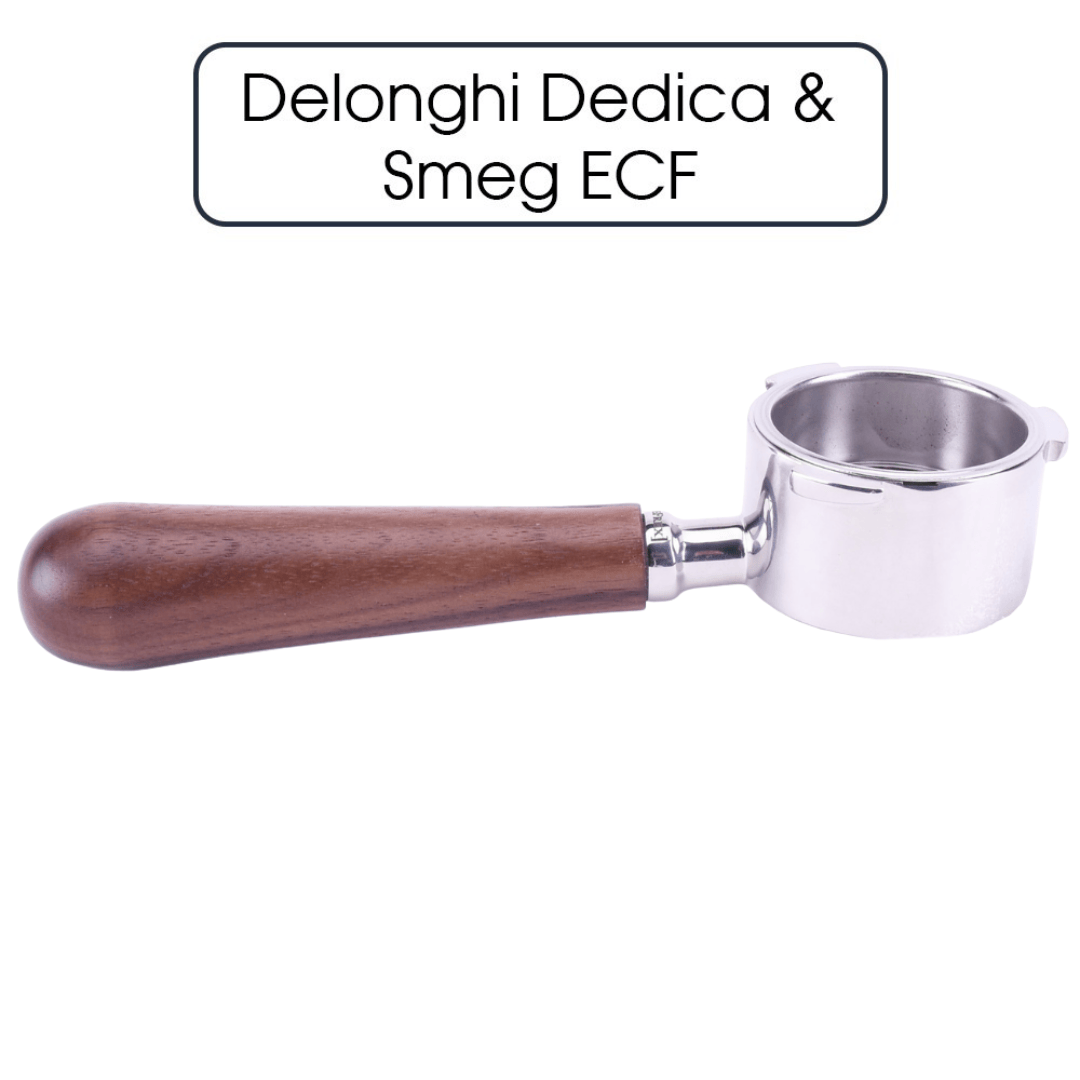 JoeFrex Siebträger Walnuss für Delonghi Dedica & Smeg ECF – 1er oder 2er Auslauf oder Bodenlos Siebträger JoeFrex Bodenlos - Rheinland.Coffee