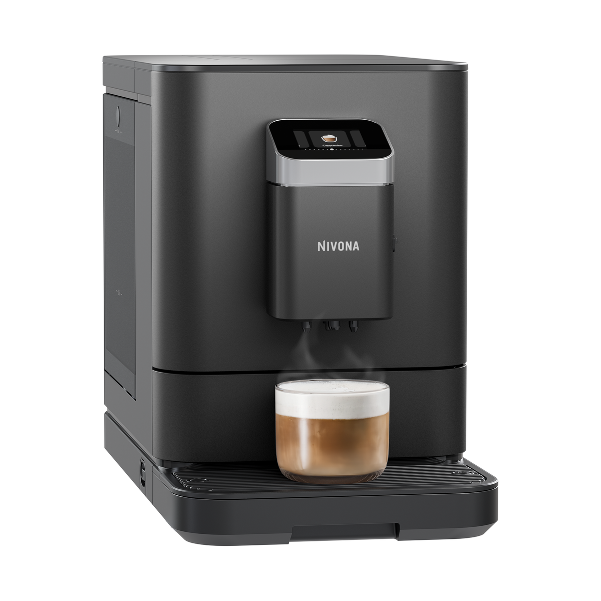 Nivona NIVO 7'101 schräg von vorn mit Cappuccino unter dem Auslauf