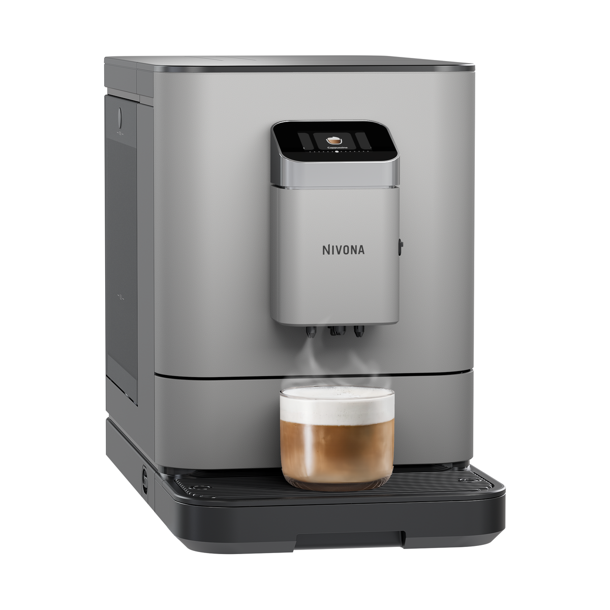 Nivona NIVO 7'105 schräg von vorn mit Cappuccino unter dem Auslauf