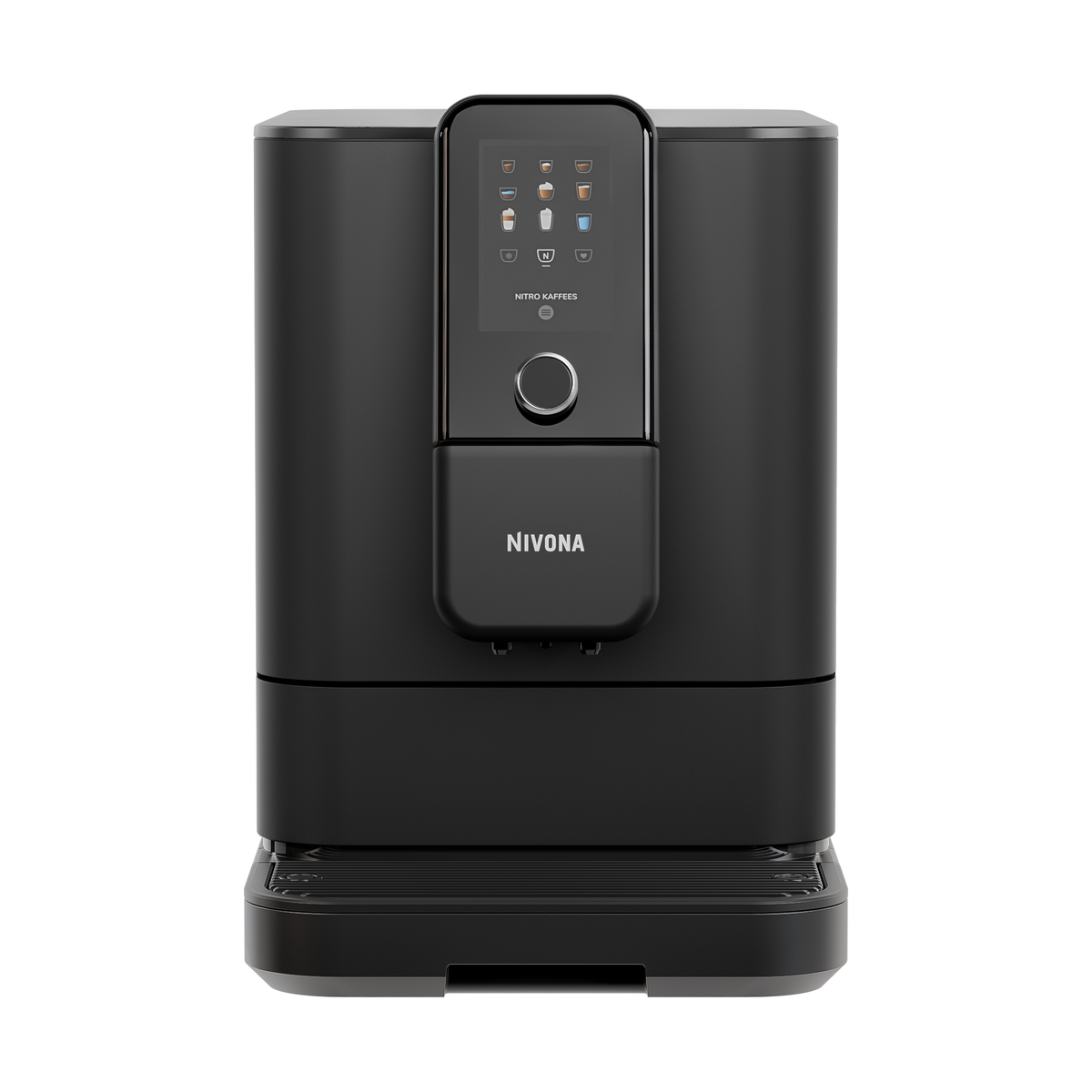 Nivona NIVO 8'111 Kaffeevollautomat in Schwarz von vorn mit eingeschaltetem TFT-Farbdisplay