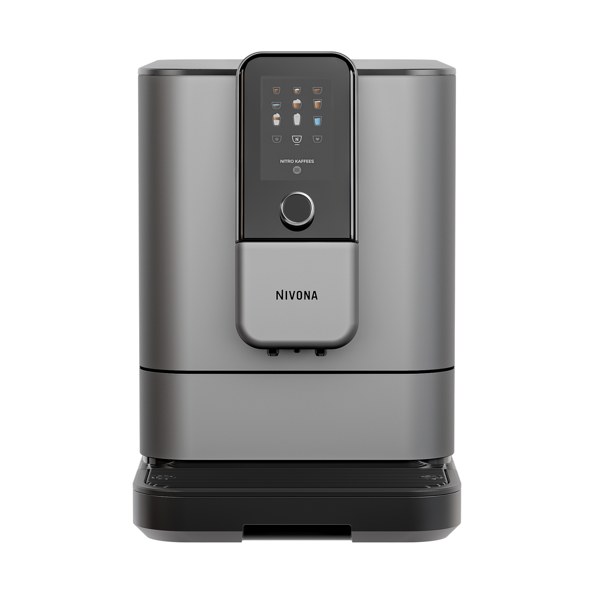 Nivona NIVO 8'113 Kaffeevollautomat in Titan von vorn mit eingeschaltetem TFT-Farbdisplay
