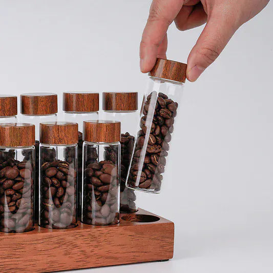 Lastaforest Kaffeebohnen-Aufbewahrungsröhren mit Walnussholz-Sockel – Das ultimative Upgrade für deine Barista-Station Lastaforest Aufbewahrung Rheinland Coffee