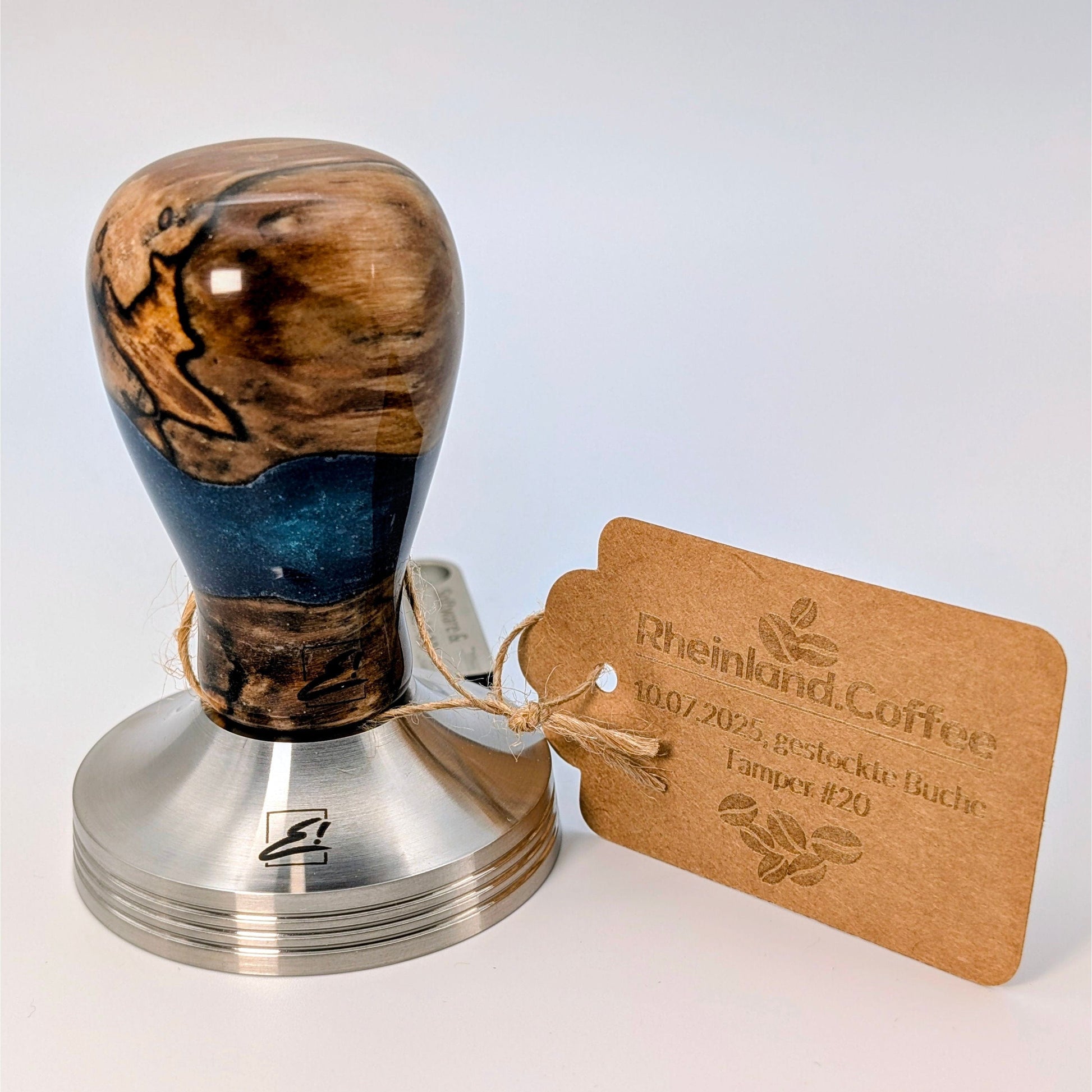 Epoxy Elegance Tamper #20 – Gestockte Buche & Tiefblau Tamper EMMERICH Art - Rheinland.Coffee