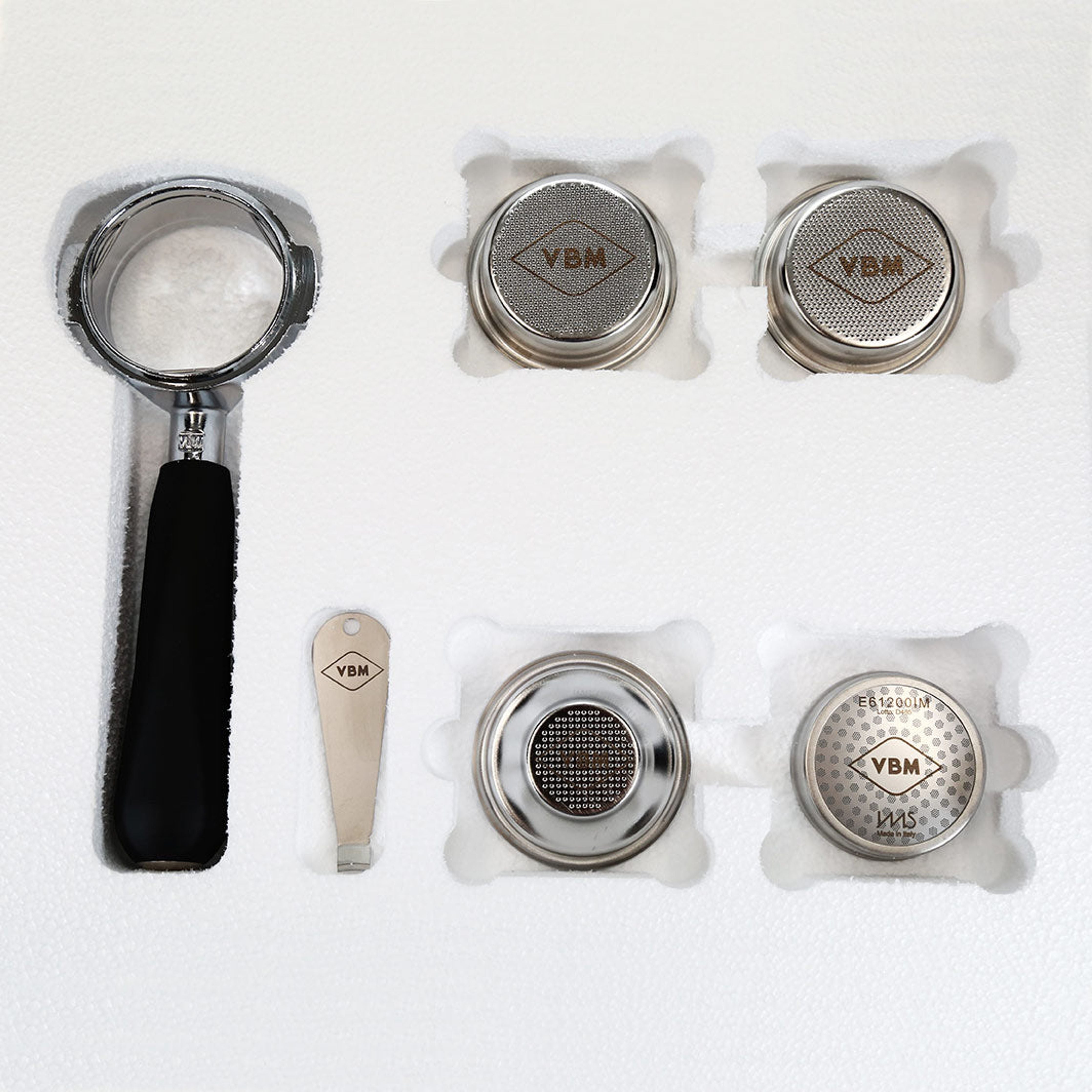 VBM Tasting Kit - Bodenloser E61 Siebträger, 3 Siebe, Dusche, Filter Remover Siebe VBM    - Rheinland.Coffee