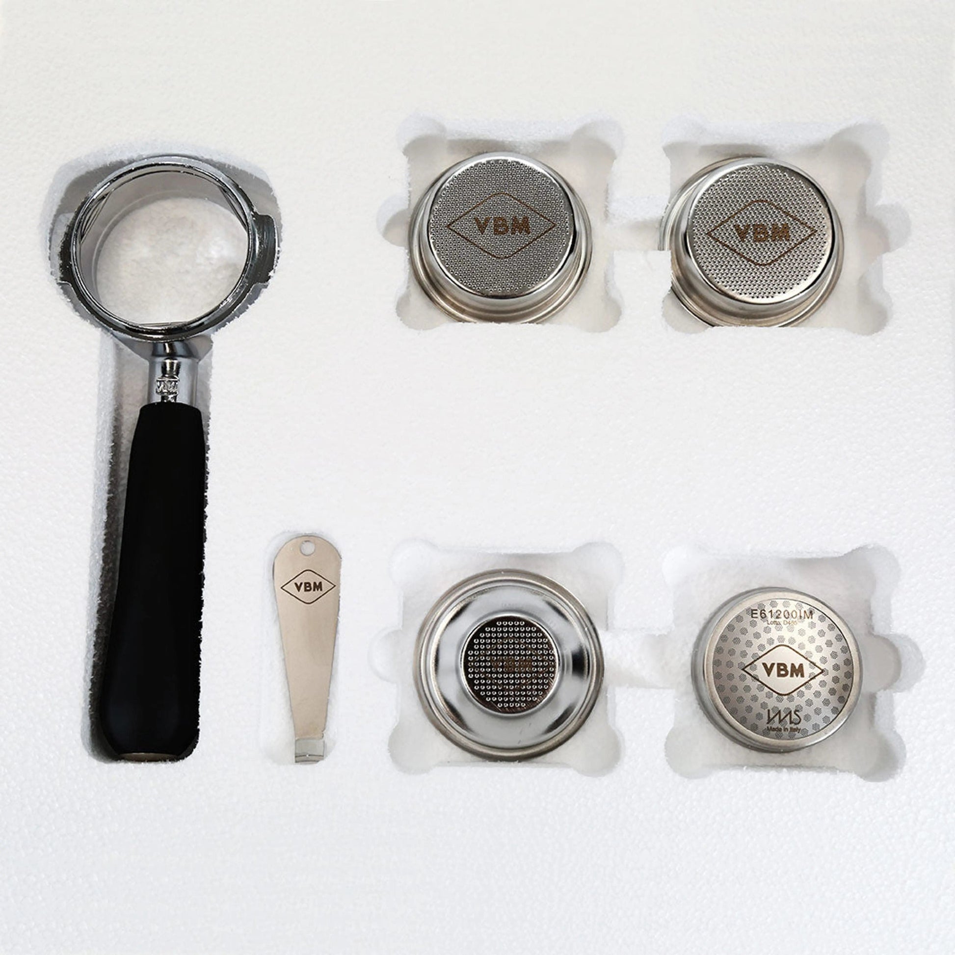 VBM Tasting Kit - Bodenloser E61 Siebträger, 3 Siebe, Dusche, Filter Remover Siebe VBM - Rheinland.Coffee