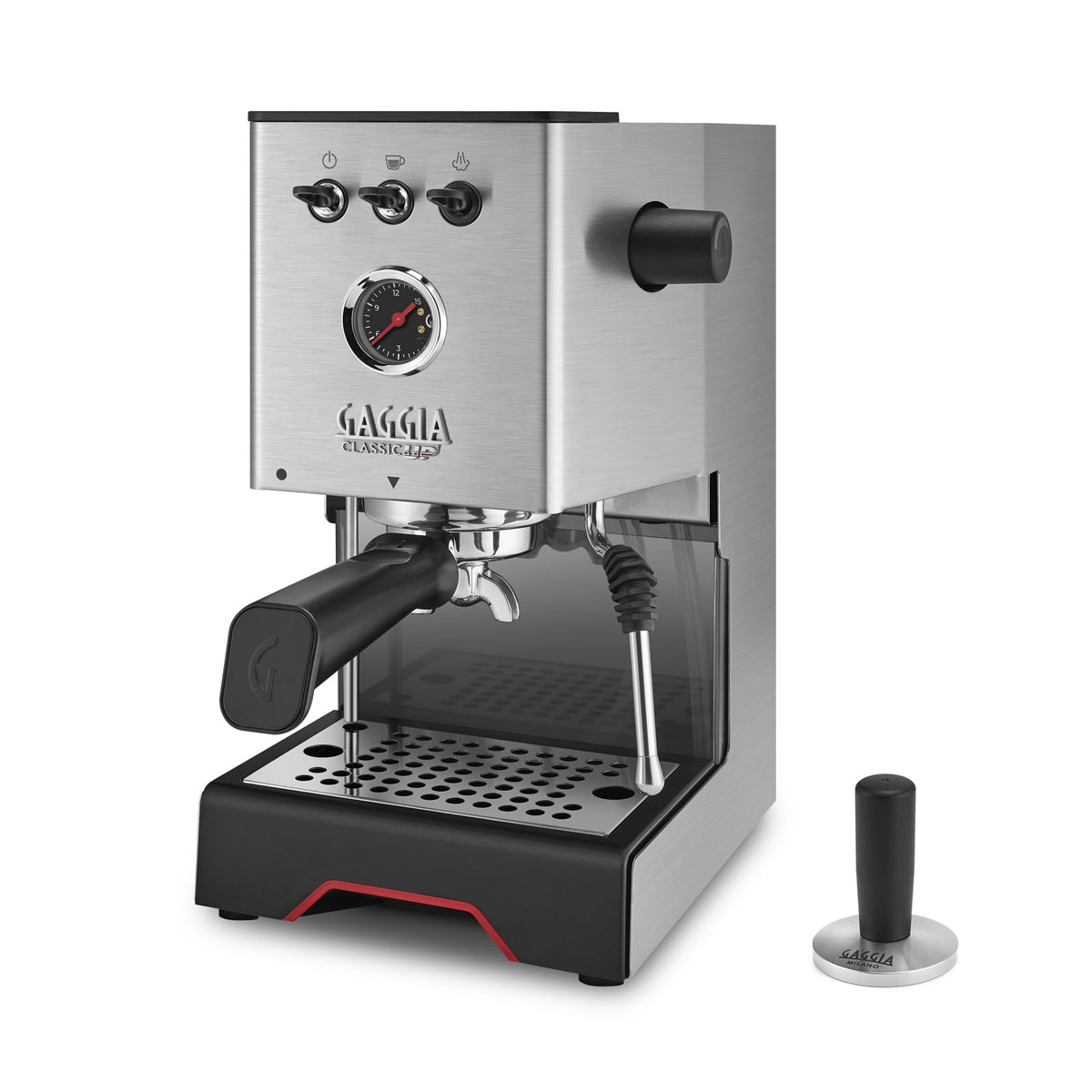 Gaggia Classic UP Inox PID Siebträgermaschine mit Manometer und Edelstahl-Tamper
