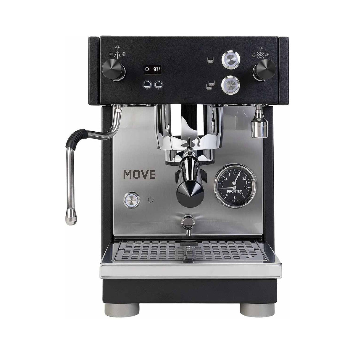 Profitec MOVE 2.0 in Schwarz von vorn mit OLED-Display und Doppelmanometer