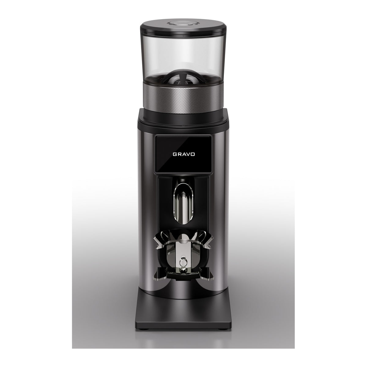Rocket Gravo 63 Espressomühle in Chrom, Ansicht von vorn mit GRAVO-Display und Siebträgergabel