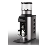 Rocket Gravo 63 Espressomühle in Chrom mit schwarzen Seitenkreisen, Ansicht von vorn