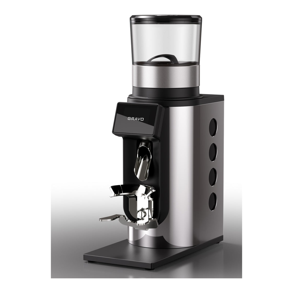 Rocket Gravo 63 Espressomühle in Chrom mit schwarzen Seitenkreisen, Ansicht von vorn