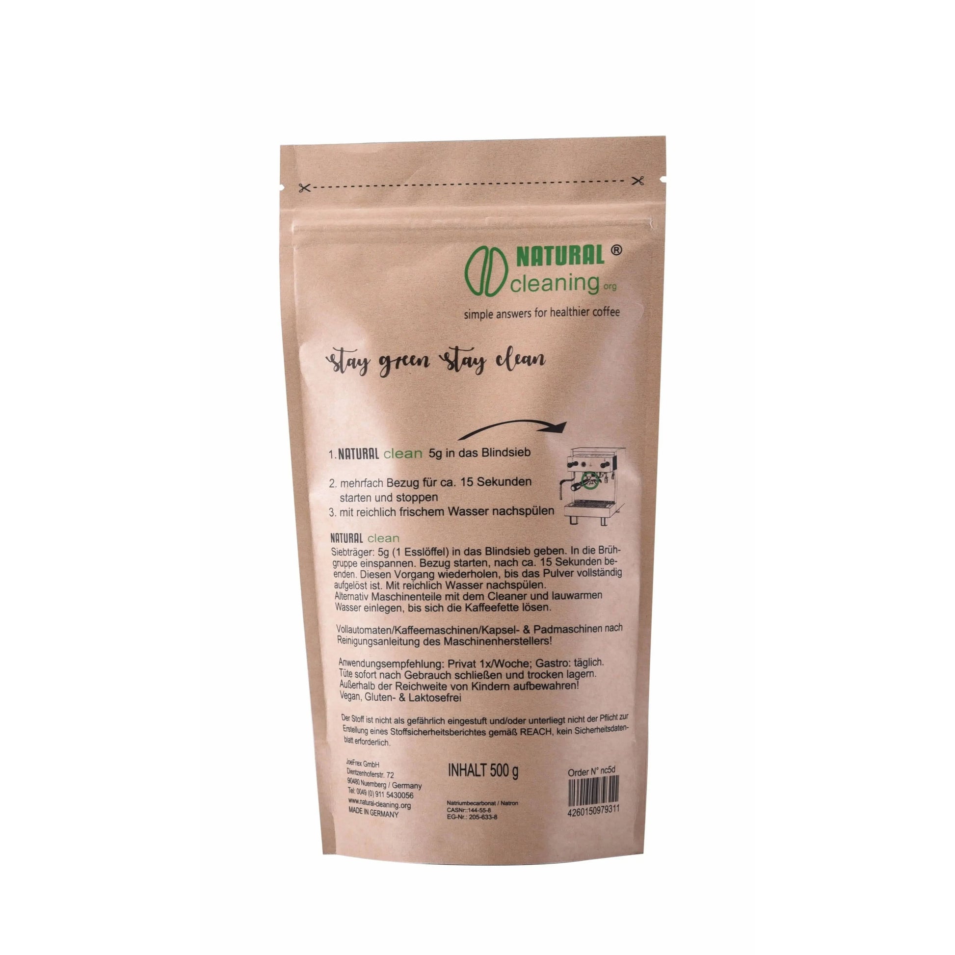 NATURAL clean 500g Kaffeemaschinen Reiniger aus Naturprodukten Blindsiebreinigung Reiniger und Entkalker JoeFrex - Rheinland.Coffee